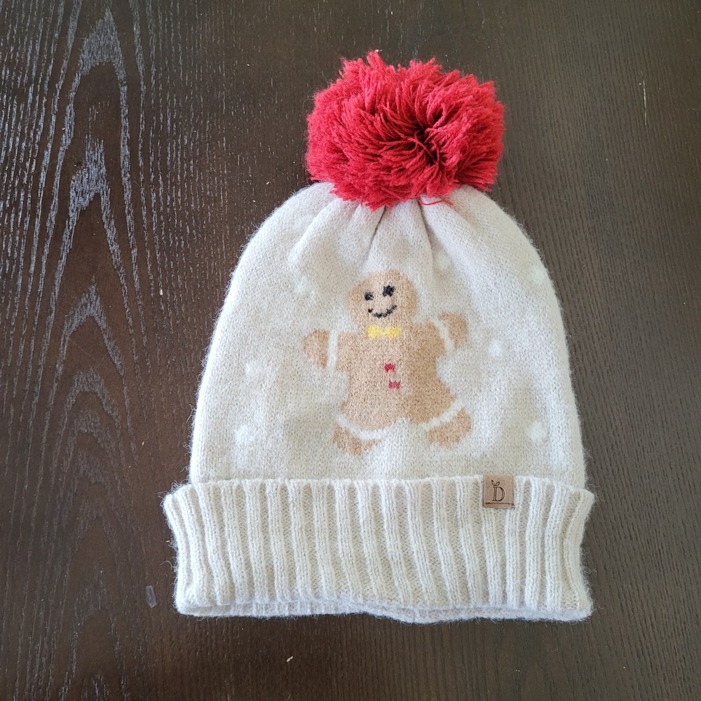 Gingerbread Man Beanie Pom-Pom Tan Red One Size